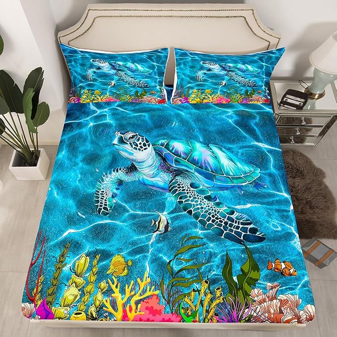 Sea Turtle Kids Fitted Sheet Twin Size,Coral Seaweed Marine Life Bedding Set,Boys Girls Room Decor,World Ocean Animals Bed Cover,Sea Blue Bed Sheet,1 Pillowcase