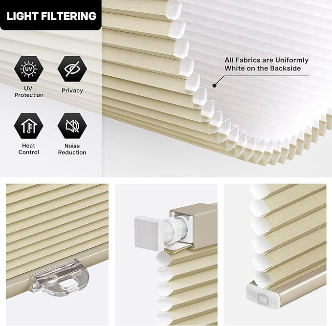 LazBlinds Cordless Cellular Shades, No Tools No Drill Light Filtering Honeycomb Shades Pleated Blinds for Windows, 30'' W x 64'' H, Mocha