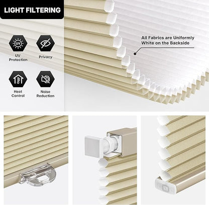LazBlinds Cordless Cellular Shades, No Tools No Drill Light Filtering Honeycomb Shades Pleated Blinds for Windows, 48'' W x 64'' H, Mocha