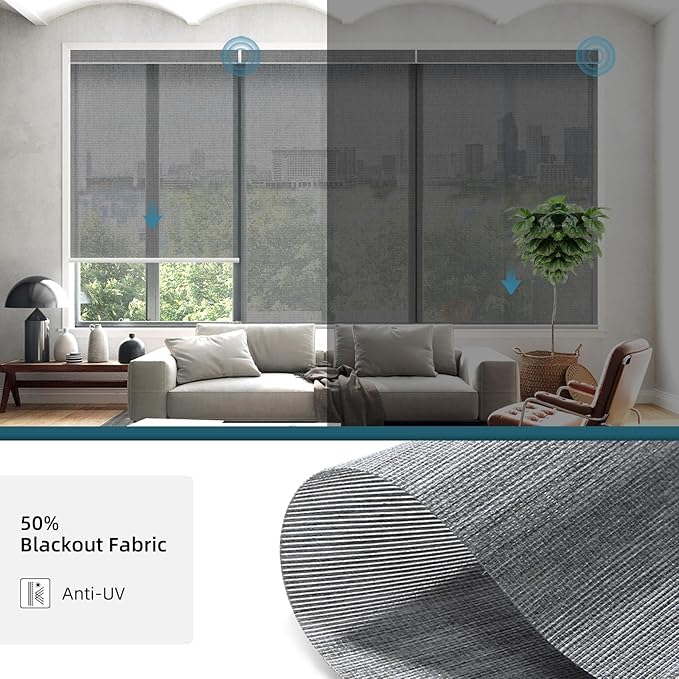 Motorized Light Filtering Roll Shades Work with HomeKit, 50% Blackout Smart Blinds for Windows, Electric Blinds with Remote,APP/Voice Control,Sunscreen PVC Free Charcoal