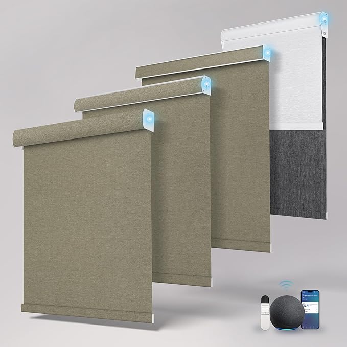 BERISSA Motorized Blinds with Remote,Blackout Smart Roller Shades with App,Voice Control,Linen Fabric,Thermal Insulated Automatic Blinds,Electric Shades with USB/Solar Pannel.Coffee Brown