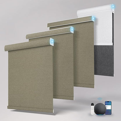 BERISSA Motorized Blinds with Remote,Blackout Smart Roller Shades with App,Voice Control,Linen Fabric,Thermal Insulated Automatic Blinds,Electric Shades with USB/Solar Pannel.Coffee Brown