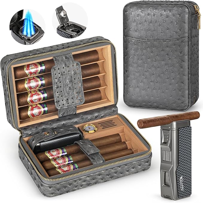 Scotte Cigar Humidor Box, Cigar Lighter Cedar Wood Lined Leather Cigar Case Built in Hygrometer & Humidifier, Torch Lighter with Cigar Holder Cigar Punch Portable Travel Cigar Humidor Kit (Grey)