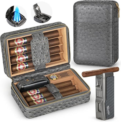 Scotte Cigar Humidor Box, Cigar Lighter Cedar Wood Lined Leather Cigar Case Built in Hygrometer & Humidifier, Torch Lighter with Cigar Holder Cigar Punch Portable Travel Cigar Humidor Kit (Grey)