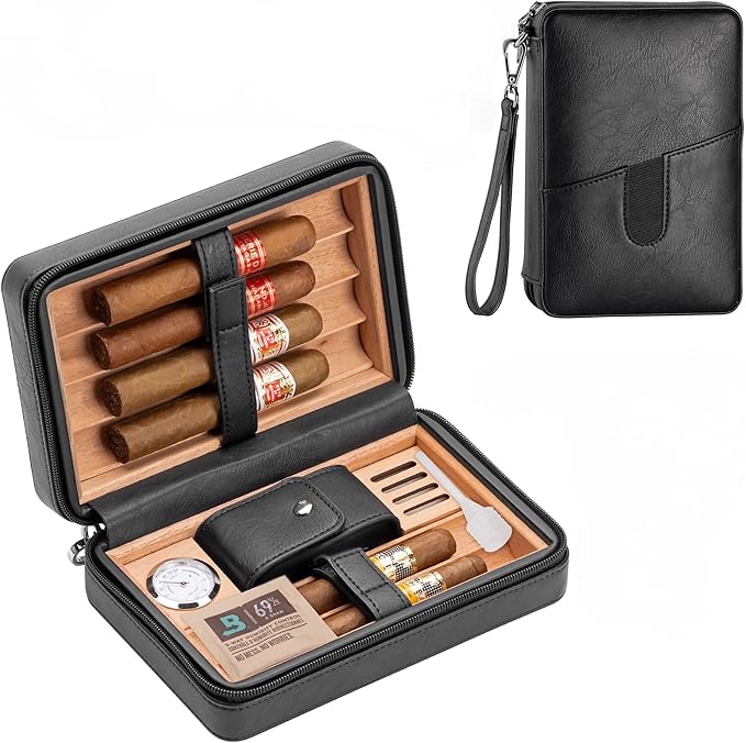 Cigar Humidor, Leather Cedar Wood Cigar Case with Multi-Functional，Hygrometer,Humidifier, Portable Cigar humidor,Carry Strap,Travel humidor Cigar Box, Cigar Gift for Man.