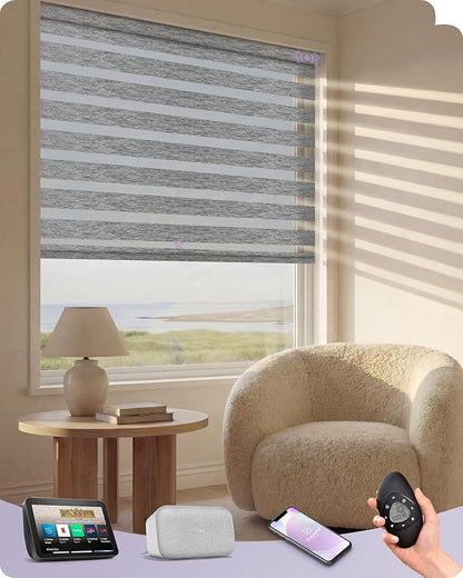 Graywind Motorized Blinds with Remote, Smart Zebra Shades for Windows, Roller Blinds Compatible with Apple Homekit, Alexa, Google Home, Custom Size, Bay Fog