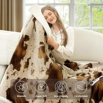 Heated Blanket Twin Blanket - Fast Heating Electric Blanket, Soft Flannel Heated Twin with 4 Time Settings,10 Heating Settings, Warm Gifts for Women & Mom&Grandma(62"x84"Cow Print Apricot)