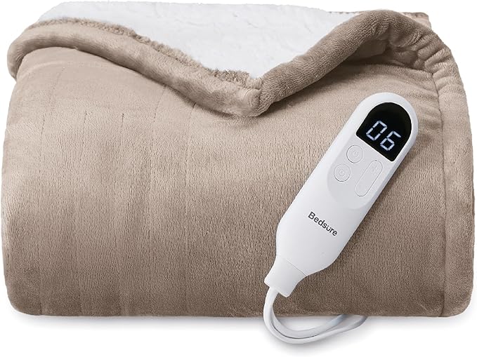 Bedsure Heated Blanket Throw Blanket - Fast Heating Electric Blanket, Soft Flannel Heated Throw with 4 Time Settings, 6 Heating Settings, Warm Gifts for Grandma Grandpa (50x60 inches, Taupe)