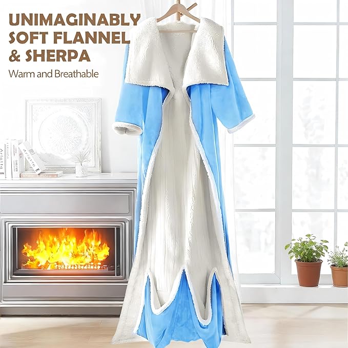 Wearable Heated Blanket with Foot Pocket, 52"x72" Electric Blanket with Sleeves for 12 Hours Timer, 6 Heat Settings, Flannel & Sherpa, Blue