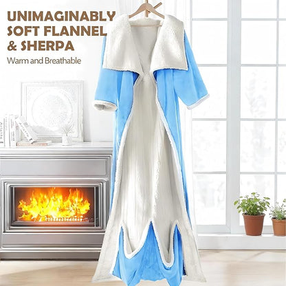 Wearable Heated Blanket with Foot Pocket, 52"x72" Electric Blanket with Sleeves for 12 Hours Timer, 6 Heat Settings, Flannel & Sherpa, Blue
