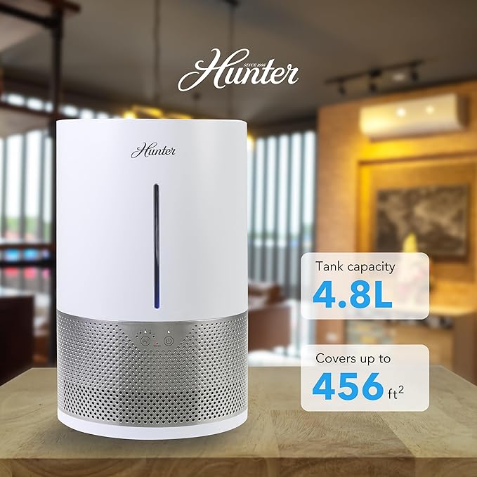 HHE150 Hunter Aspire 4.8L Evaporative Humidifier with PermaWick Filter (4.8L) - Remove Contaminants & White Dust for Clean Mist & Air – Medium Humidifier for Home, Bedroom, or Dorm - White