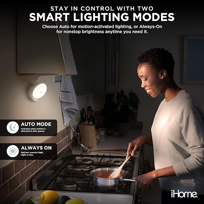 iHome 360° Rotating Motion Sensor Puck Light, Auto Mode & Always On Mode, Magnetic Detachable Base, Warm 4000K Glow, Batteries Included, Versatile Mounting, Perfect for Home Decor