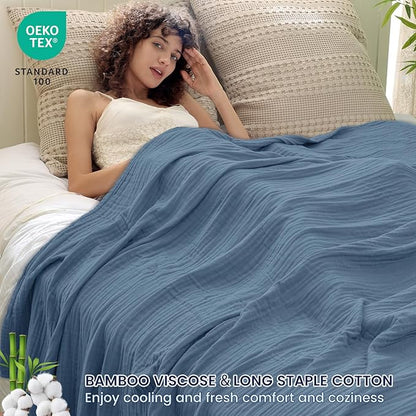 PHF Cooling Muslin Twin Blanket for Hot Sleepers, 60% Viscose from Bamboo, 40% Cotton and 4-Layer Breathable Gauze Blanket for Bed Couch, 66"x90", Prussian Blue