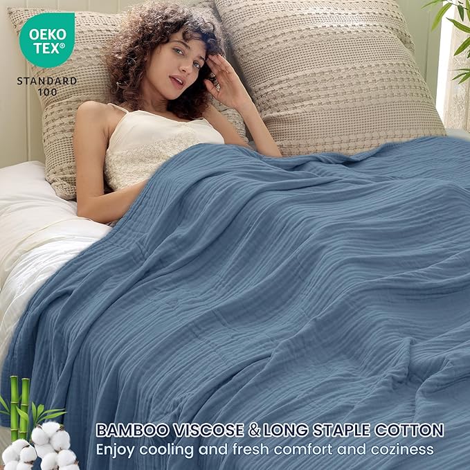 PHF Cooling Muslin Queen Blanket for Hot Sleepers, 60% Viscose from Bamboo, 40% Cotton and 4-Layer Breathable Gauze Blanket for Bed Couch, 90"x90", Prussian Blue