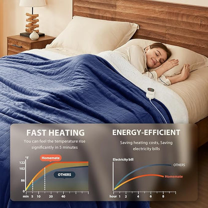 Homemate Electric Heated Blanket Queen - 84"x90" Heating Bed Blankets Throw with 10 Heating Levels 8 Hours Auto Off Fast Heating Over-Heated Protection Ultra Soft Warm Flannel ETL Certified Navy Blue