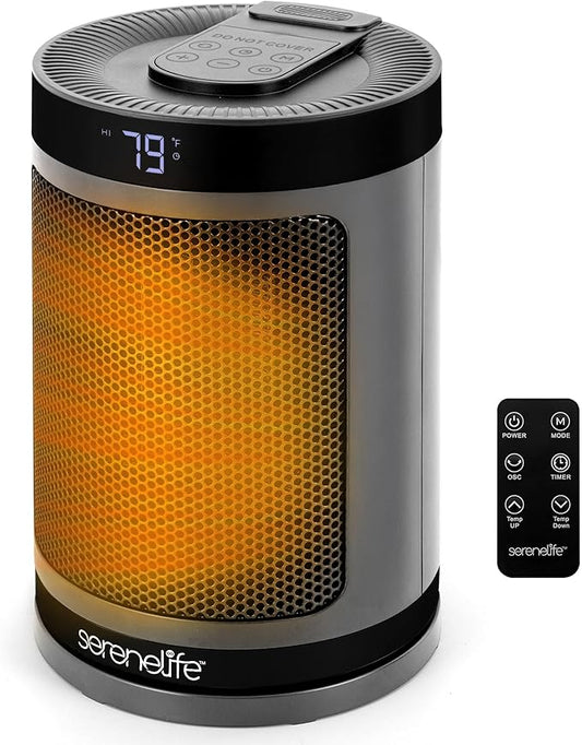 SereneLife Portable Space Heater – 1500W PTC Ceramic Electric Heater with Thermostat, Remote, 12-Hour Timer, 3 Heating Modes, Oscillation, Safe & Quiet for Home, Office, Bedroom (Gray)