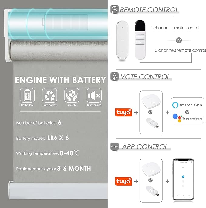 Allesin Motorized Roller Shade Compatible with Alexa for Window, 70% Blackout Smart Shades Cordless with Remote Control, Electric Automated Blinds for Window, Customized Size, Dry Battery(Grey)