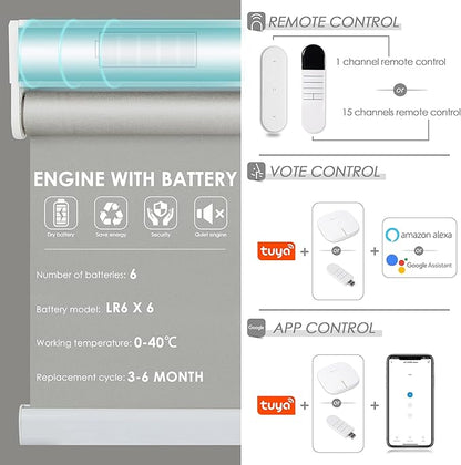 Allesin Motorized Roller Shade Compatible with Alexa for Window, 70% Blackout Smart Shades Cordless with Remote Control, Electric Automated Blinds for Window, Customized Size, Dry Battery(Grey)