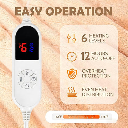 Wearable Heated Blanket with Foot Pocket, 52"x72" Electric Blanket with Sleeves for 12 Hours Timer, 6 Heat Settings, Flannel & Sherpa, Beige