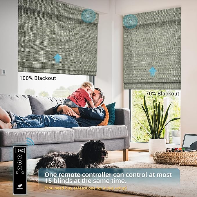 SmartWings Motorized Blinds Natural Woven Wood Shades for Windows Work with Matter Thread Homekit Z-Wave Alexa Google, Electric Auto Roman Shades Cordless Remote Control Customized, Kenaf 220