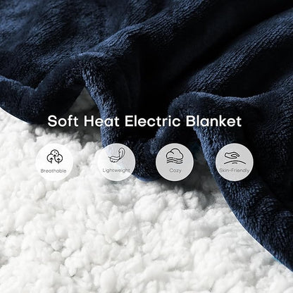 Heated Electric Blanket Throw Size 50"x60" Thickened Flannel and Sherpa Heated Blanket,3 Hours Timer Auto-Off & 5 Heating Levels, Machine Washable, Navy Blue