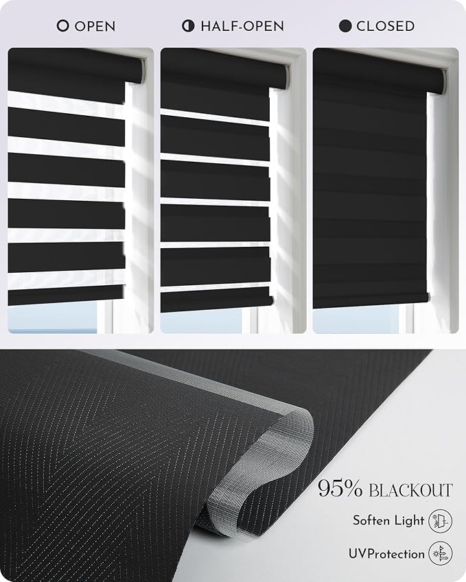 Graywind Motorized Blinds with Remote, Smart Zebra Shades for Windows, Roller Blinds Compatible with Apple Homekit, Alexa, Google Home, Custom Size, Luxury Black