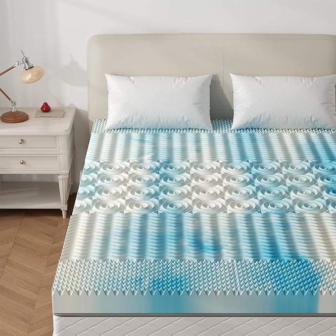 NEWBULIG Memory Foam Mattress Topper, Queen 3 Inch 5-Zone Egg Crate Bed Toppers, Cooling Gel Infused Foam Mattress Topper Pad for Pressure Relief, CertiPUR-US Certified, Blue