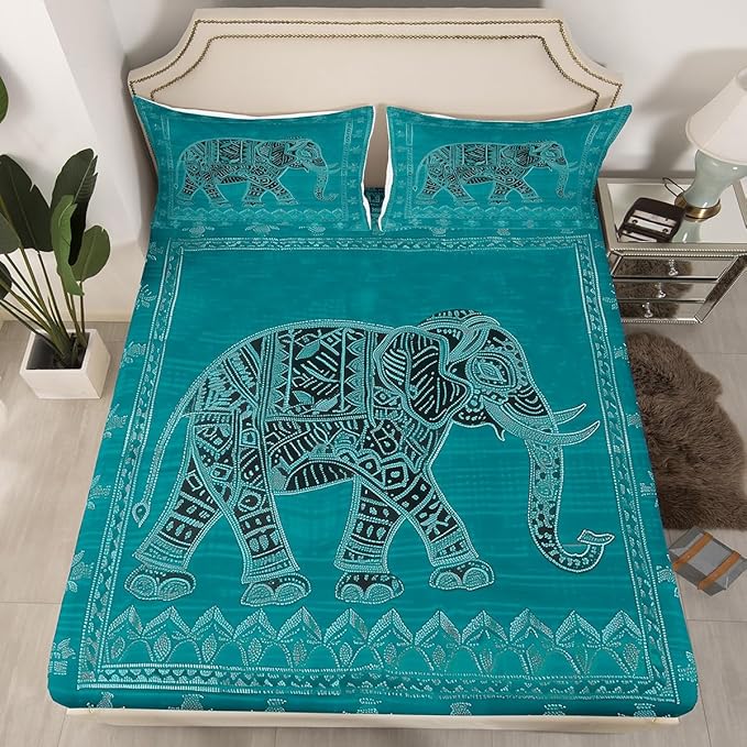 Manfei Elephant Kids Sheet King Size,Indian Exotic Trippy Boho Bedding Set,Boys Girls Room Decor,Native American Indian Style Green Psychedelic Bed Sheet Set 4pcs(Fitted + Flat + 2 Pillowcases)