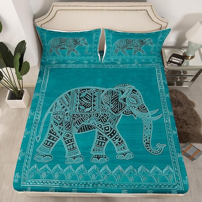 Manfei Elephant Kids Sheet Queen Size,Indian Exotic Trippy Boho Bedding Set,Boys Girls Room Decor,Native American Indian Style Green Psychedelic Bed Sheet Set 4pcs(Fitted + Flat + 2 Pillowcases)