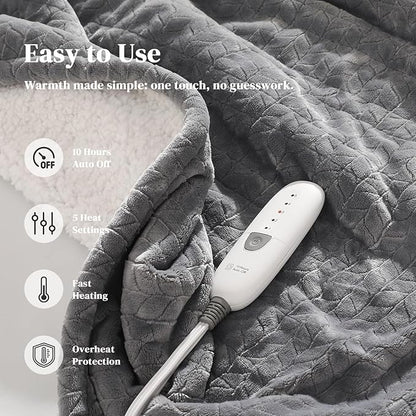 Twin Electric Blanket 62"x84" Heating Blanket Twin, Wheat Pattern Ultra-Soft Flannel & Thick Sherpa with 5 Heat Settings & 10 Hour Auto Shut-Off, ETL & FCC Certified, Machine Washable Home Use, Grey
