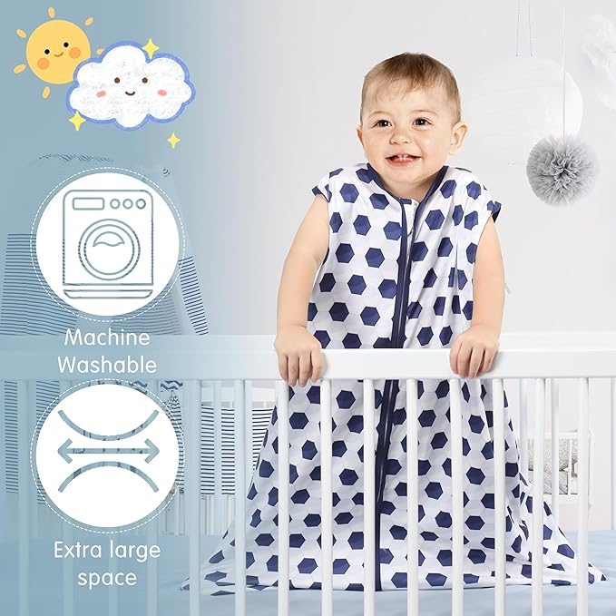 3 Pack Baby Sleep Sack 100% Rayon Cotton Baby Sleeping Bag 2-Way Zipper Toddler Wearable Blankets TOG 0.3. (Soccer&Triangles&Blue, 12-18 Months)