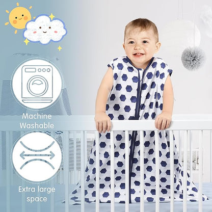 3 Pack Baby Sleep Sack 100% Rayon Cotton Baby Sleeping Bag 2-Way Zipper Toddler Wearable Blankets TOG 0.3. (Soccer&Triangles&Blue, 18-24 Months)