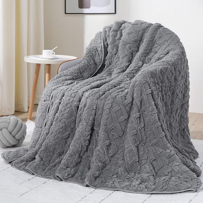 Drewin Weighted Blanket 20lbs, Dual Sided Fluffy Fuzzy Sherpa Queen Size Weighted Blankets for Adults, 3D Stylish Jacquard Tranquility Blankets for Sleep and Relax, Grey, 60 x 80 inches