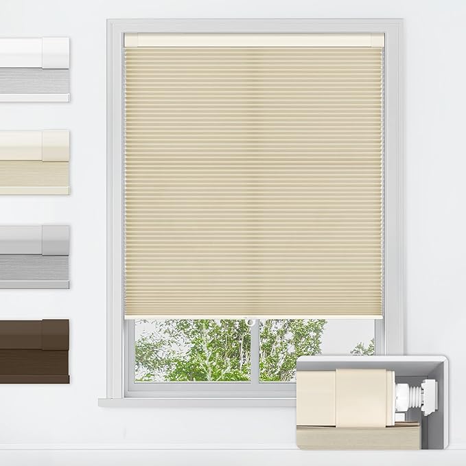 LazBlinds No Tools No Drill Cordless Cellular Shades, Light Filtering Honeycomb Shades for Home, Thermal Insulation Blinds for Windows, 36" W x 64" H, Beige