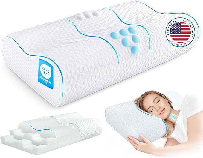 Cervical Neck Pillow for Pain Relief- Queen Size Adjustable Cooling Pillow for Sleeping, Memory Foam Pillows for Neck Shoulder, Ergonomic Contour Bed Pillow for Side, Stomach & Back Sleepers