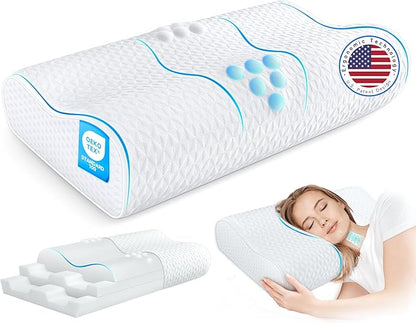 Cervical Neck Pillow for Pain Relief- Queen Size Adjustable Cooling Pillow for Sleeping, Memory Foam Pillows for Neck Shoulder, Ergonomic Contour Bed Pillow for Side, Stomach & Back Sleepers