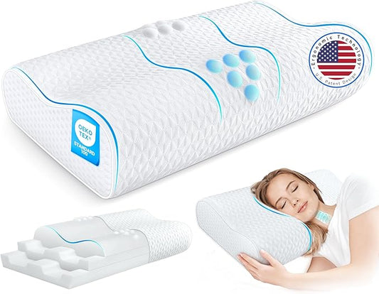 Cervical Neck Pillow King Size -Adjustable Sandwich Dynamic Memory Foam Pillows for Sleeping, Cooling Contour Pillow Ergonomic Orthopedic for Side, Back & Stomach Sleepers Soft, White