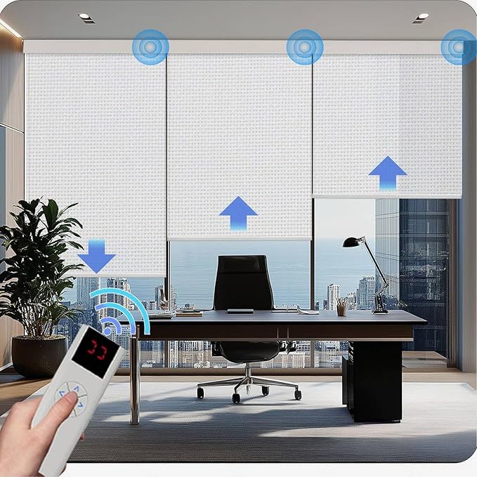 Motorized Blinds with Remote Cordless Automatic Motorized Shades Custom Blinds for Windows Smart Curtains Compatible with Alexa Google Home(Solar White,W42 x H72in)