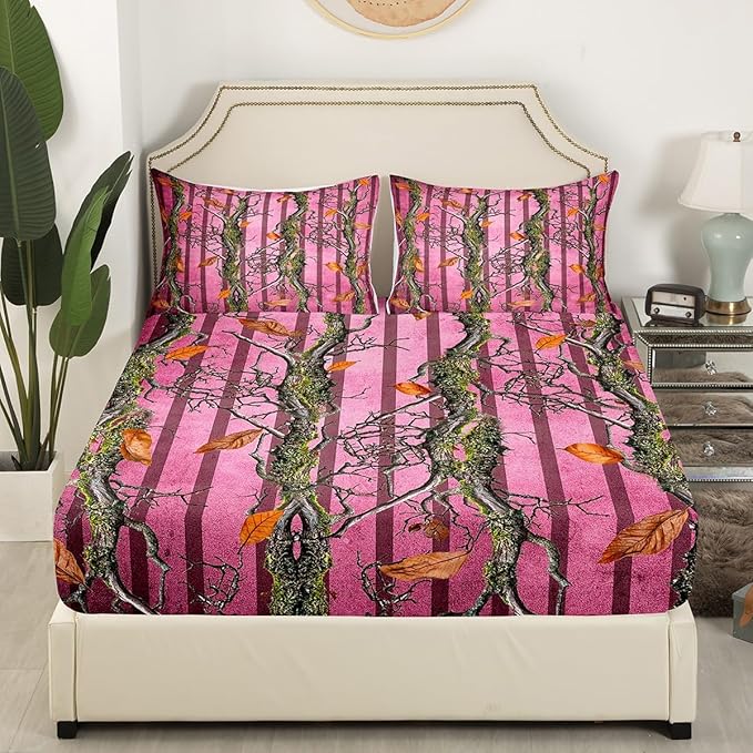 Camoflage Kids Fitted Sheet Queen Size,Hunter Cabin Tree Branches Botanical Leaves Rustic Bedding Set,Girls Women Room Decor,Geometric Stripes Bed Cover,Pink Bed Sheet,2 Pillowcases(No Top Sheet)