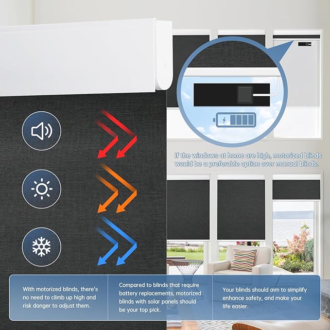 DENFOON Motorized Blinds with Remote control, Custom Blackout Smart Blinds [with Cover],Electric Blinds with Complimentary Solar Panel, Cordless Automatic Roller Shades for Windows (Black，34"W x 72"H)