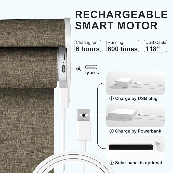 BERISSA Motorized Blinds with Remote,Light Filtering Smart Roller Shades with App,Voice Control,Thermal Insulated Automatic Blinds,Electric Shades with USB/Solar Pannel.Filter Linen Brown