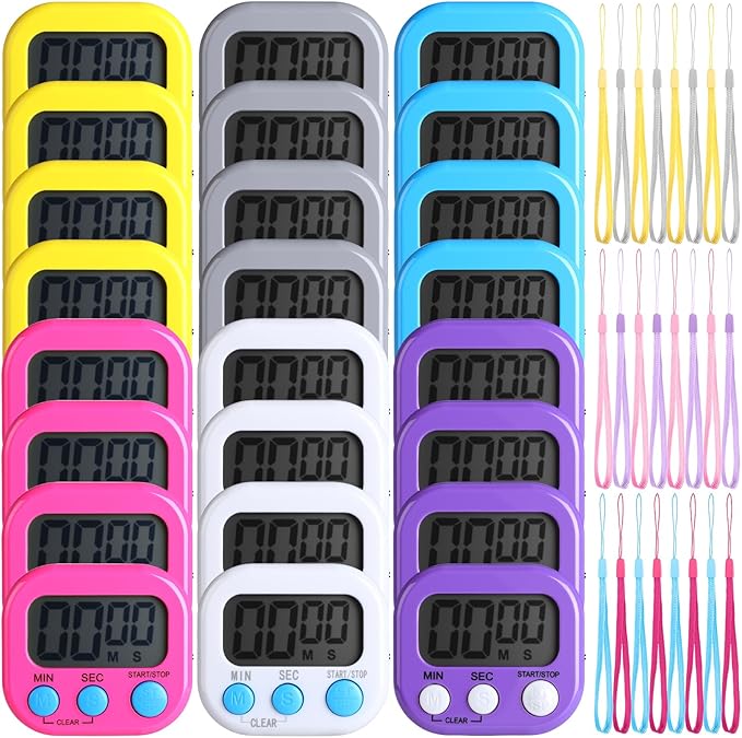 Leumoi 24 Packs Small Digital Kitchen Timer with lanyards Magnetic Back and Switch Minute Second Count up Countdown Big LCD Display Loud Alarm for Teacher Cooking Baking, Colorful
