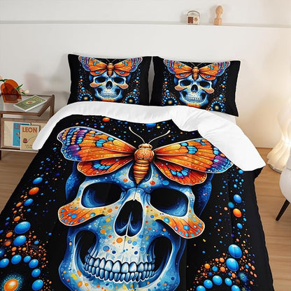 Gothic Skull Comforter Set - Twin Size, Blue Orange Granular Ball Butterfly Printed Bedding, Halloween Horror Themed Kids Bedding with 2 Pillowcases