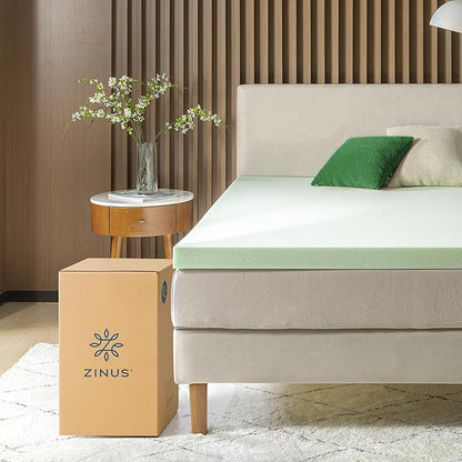 ZINUS 3 Inch Green Tea Memory Foam Mattress Topper, Pressure-Relieving Layer, Ideal for Back Pain Relief, Compact WONDERBOX Packaging, CertiPUR-US Certified, Short Queen
