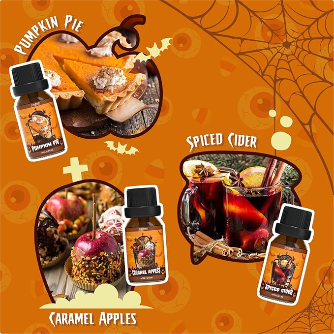 SALUBRITO Halloween Fragrance Oils Set, Funny Essential Oils Gift Set for Diffuser, Candle, Soap Making Scents, Pumpkin Pie, Spiced Cider, Caramel Apples, Candy Corn, Snickerdoodle, Witch's Brew