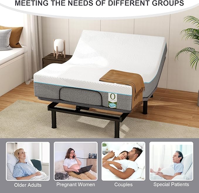 Vipbear Full Adjustable Bed Frame with Mattress, 12 Inch White Gel Memory Foam Firm Mattress in Box, Adjustable Bed Base with Separate Head/Foot Lift, Updated Electric Beds with USB,Wireless Remote