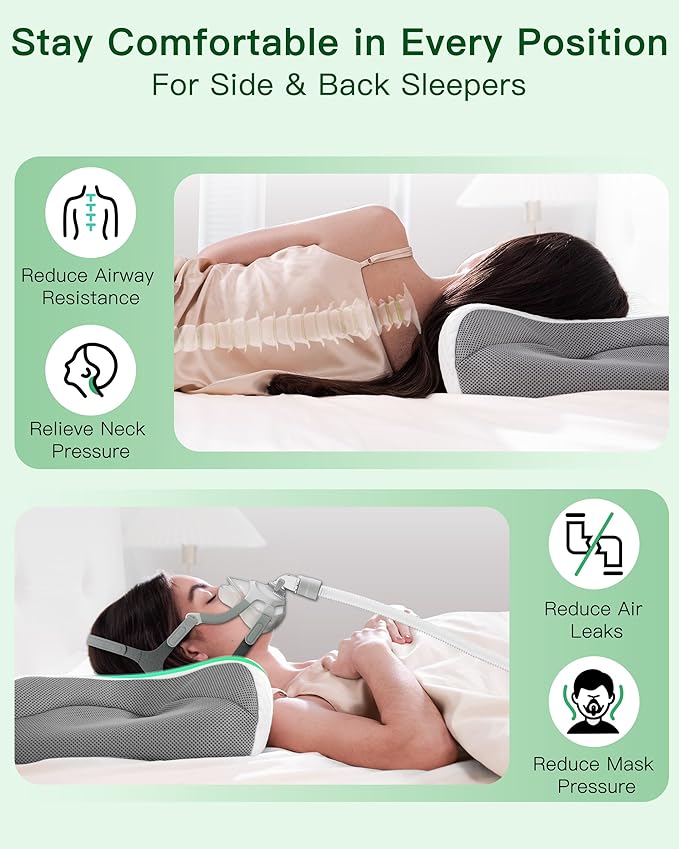 Cervical Neck CPAP Pillow for Side Sleepers – Ergonomic Memory Foam Bed Pillow for Neck Pain Relief with Mask Cutouts to Reduce Air Leaks & Facial Pressure, Fits All CPAP Mask Types