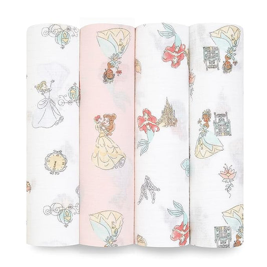 aden + anais Essentials Muslin Swaddle Blankets, Newborn Receiving Blanket for Swaddling, 100% Cotton Baby Swaddle Wrap, 4 Pack, Disney Princess