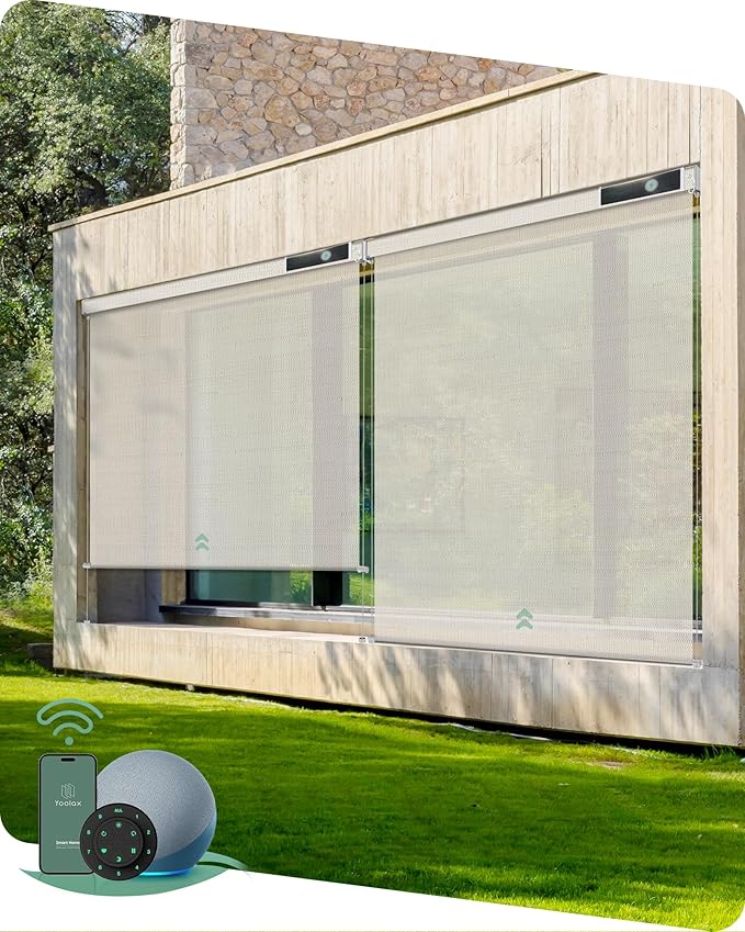 Yoolax Customized Motorized Outdoor Shades, Smart Blinds Compatible with Alexa Google, Remote Control Waterproof Blinds for Patio Porch Windows Outside (10% Openness White Pebble Path)