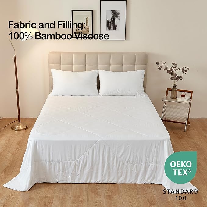 Cooling Comforter – 100% Viscose from Bamboo Shell & Fill, Silky Soft, Breathable, Lightweight All Season Duvet Insert, Down Alternative Blanket, Queen Size 90"x90", for Hot Sleepers & Sensitive Skin